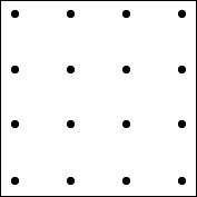 Kvadrat med 16 prikker, 4 på rad og fire på rekke.