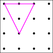 Kvadrat med 16 prikker, 4 på rad og fire på rekke. En rosa trekant er tegnet opp inne i kvadratet.