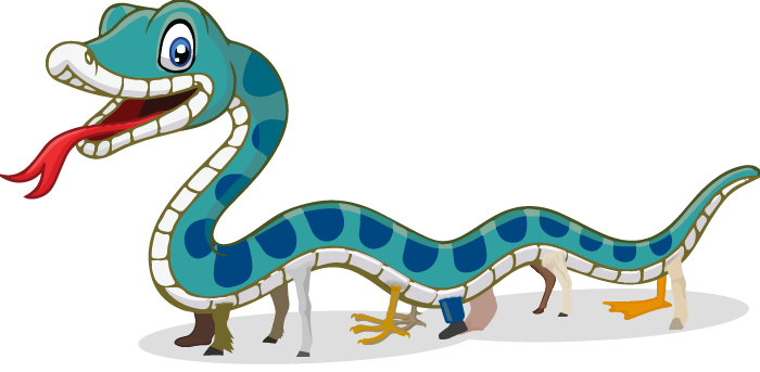 Slange med føtter fra mange forskjellige dyr.