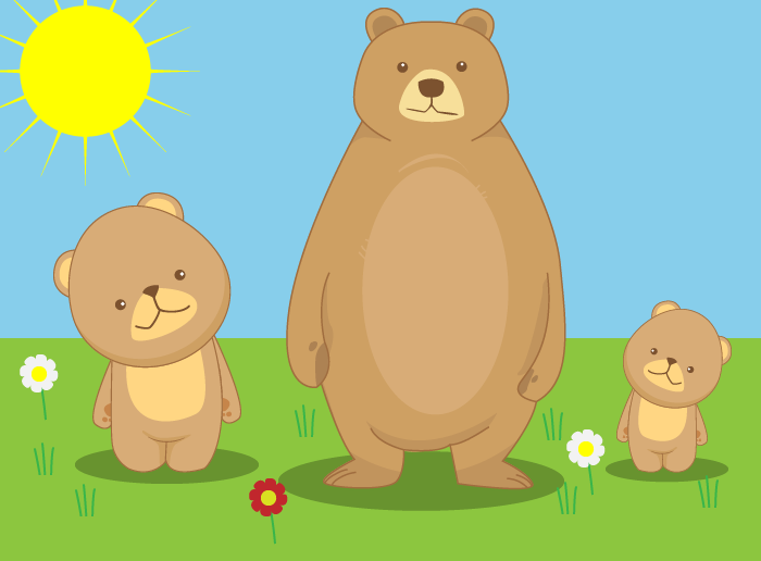 Tre bjørner på som står forundret på gresset. Sola skinner og det er skikkelig sommer og stas!