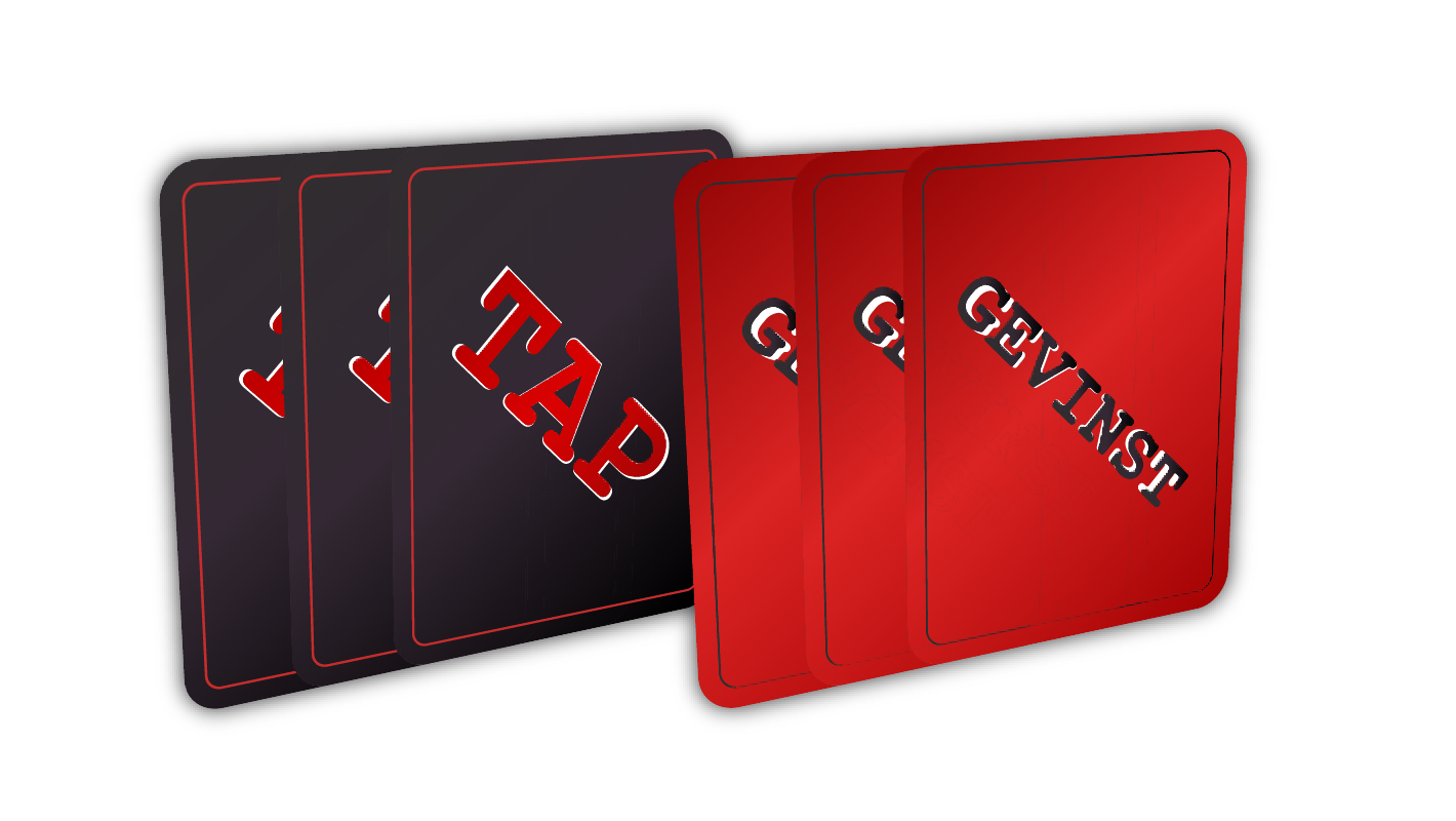 Tre svarte kort med teksten "TAP" og tre røde kort med teksten "GEVINST".