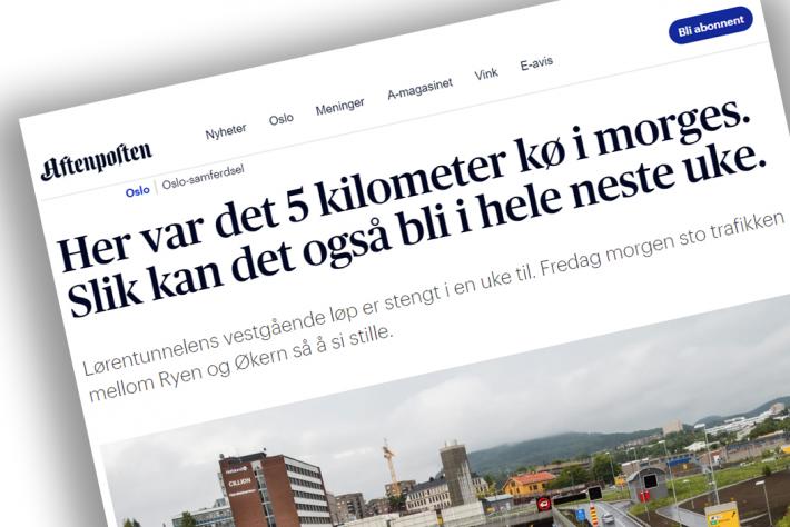 Faksimile fra Aftenposten.no. Her var det 5 kilometer kø i morges. Slik kan det også bli i neste uke.
