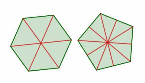 Regulær sekskant og regulær femkant med linjestykker gjennom midtpunkt
