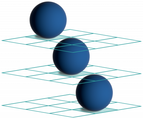Tre kuler plassert diagonalt i en gjennomsiktig boks.
