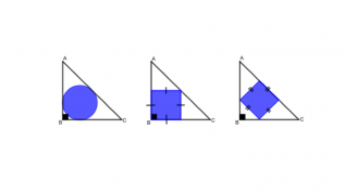 Tre trekanter med lilla figurer i