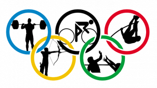 Olympiske ringer med illustrasjon av personer inni